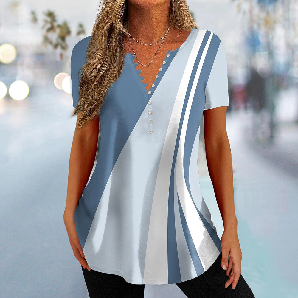 GlamAura | Stile Rinfrescante: T-Shirt Estiva da Donna con Scollo a V e Bottoni per un Look Moderno