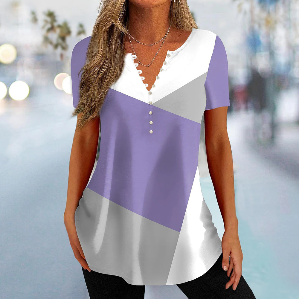 GlamAura | Stile Rinfrescante: T-Shirt Estiva da Donna con Scollo a V e Bottoni per un Look Moderno